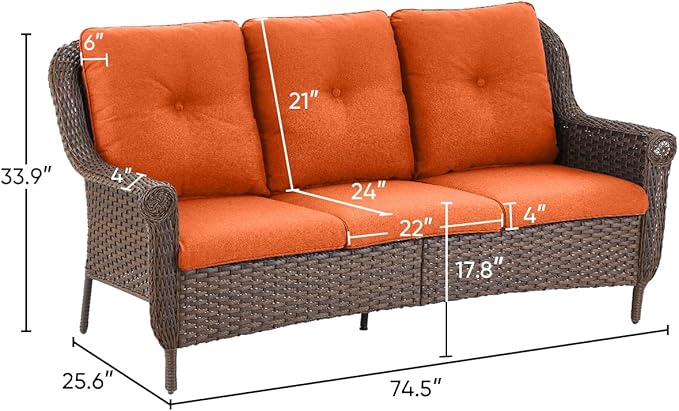 Patio Couch Outdoor Wicker Sofa - Heavy Duty All-Weather Brown Rattan 3-Seater with High Back and Comfortable Thick Cushions for Garden Back Porch Poolside Apartment - Orange