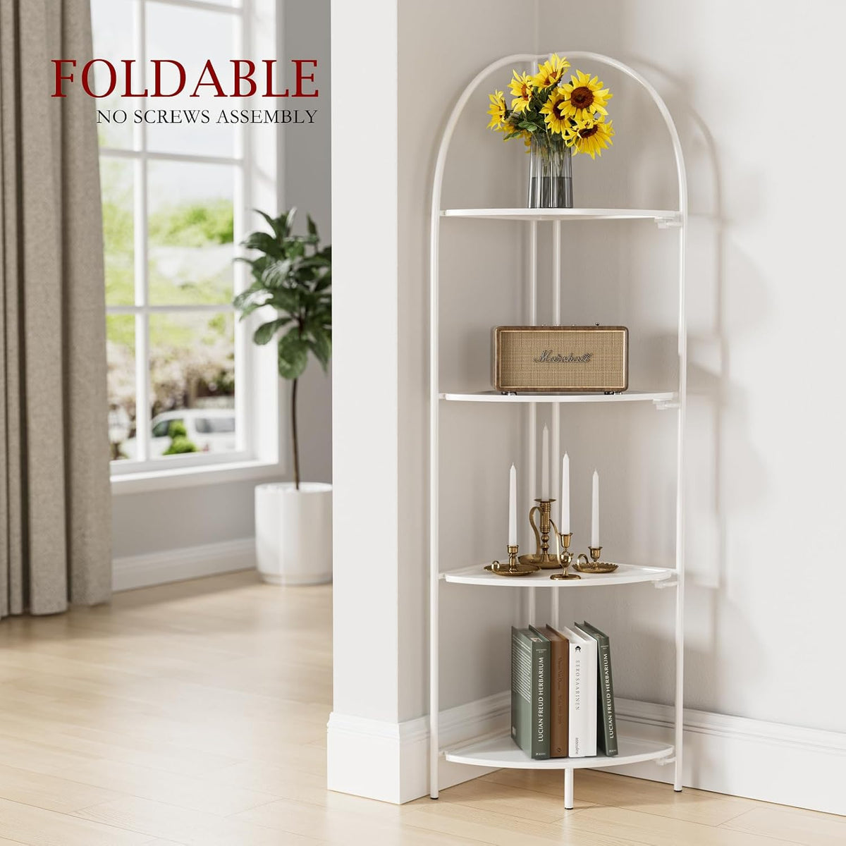 Crofy Foldable 4 Tier Corner Shelf, Metal Corner Plant Stand with White Frame and White Shelves, Corner Display Rack Multipurpose Shelving Unit for Living Room, Bedroom, Bathroom