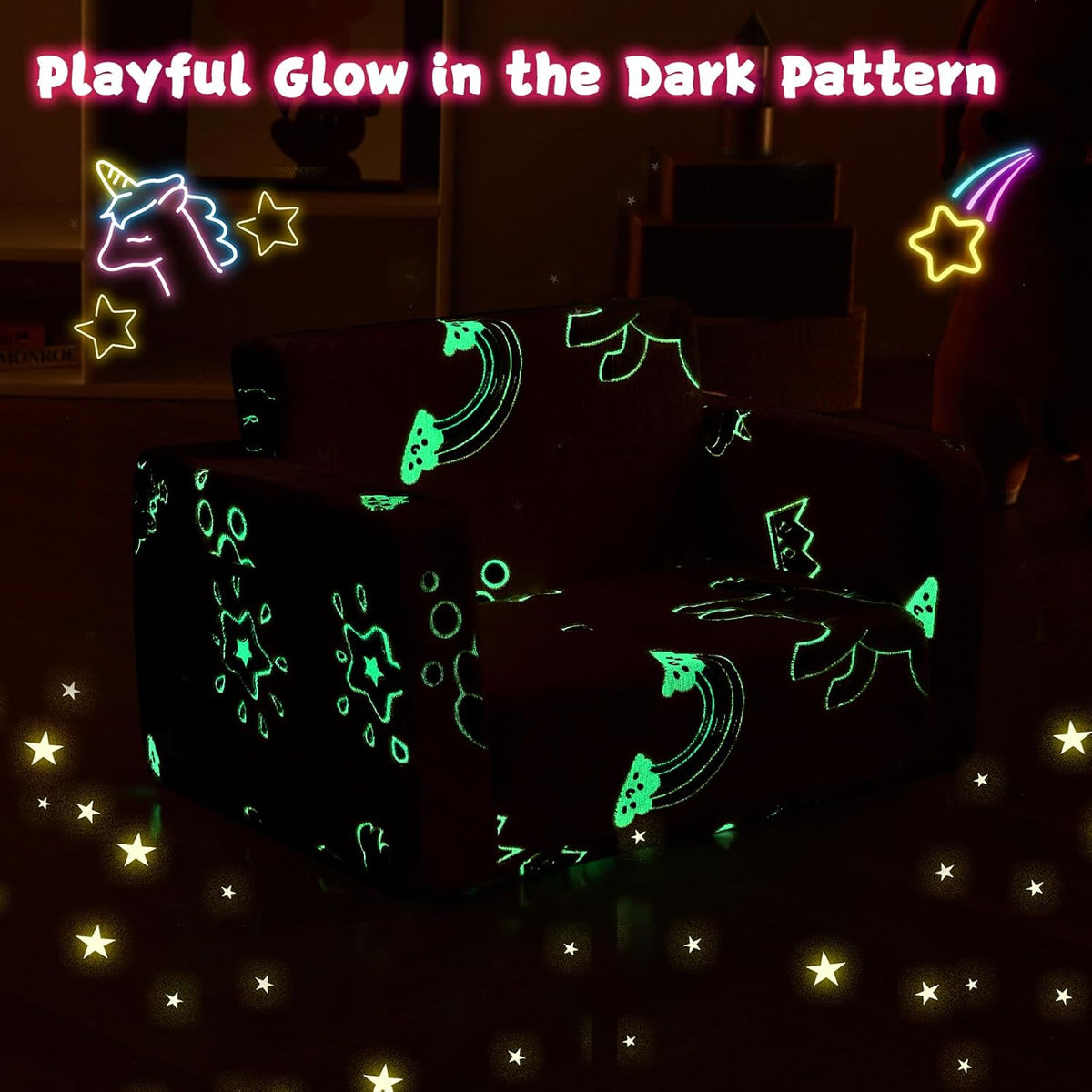 Toddler Couch,Toddler Chair,Kids Chair 2-in-1 Baby Seat Furniture Fold Out, Convertible Sofa to Lounger Comfy Glow in The Dark Sofa Bed,Gifts for Kids Girl Boys,Unicorns Rainbow,Medium