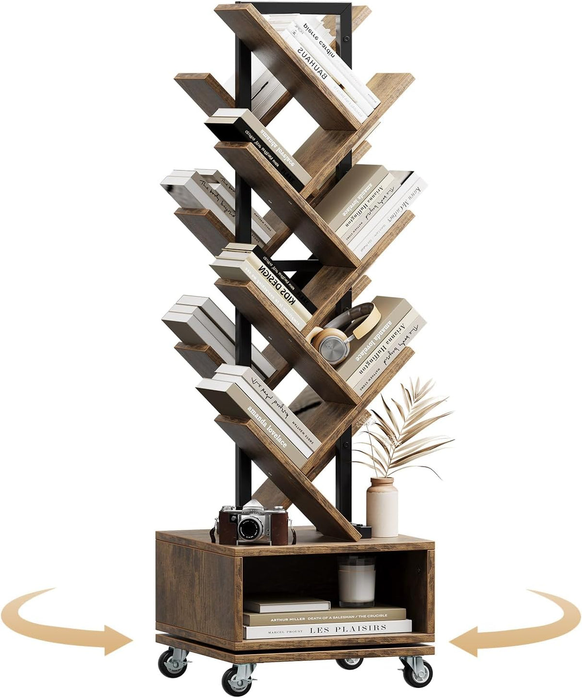 49" Rotating Tree Bookshelf, 7 Tier Double Sided Shelf, Wood Corner Bookshelf with Wheels, 360 Display Spinning Bookcase Storage Rack, Ideal for Small Rooms, Easy Assembly, Rustic Brown
