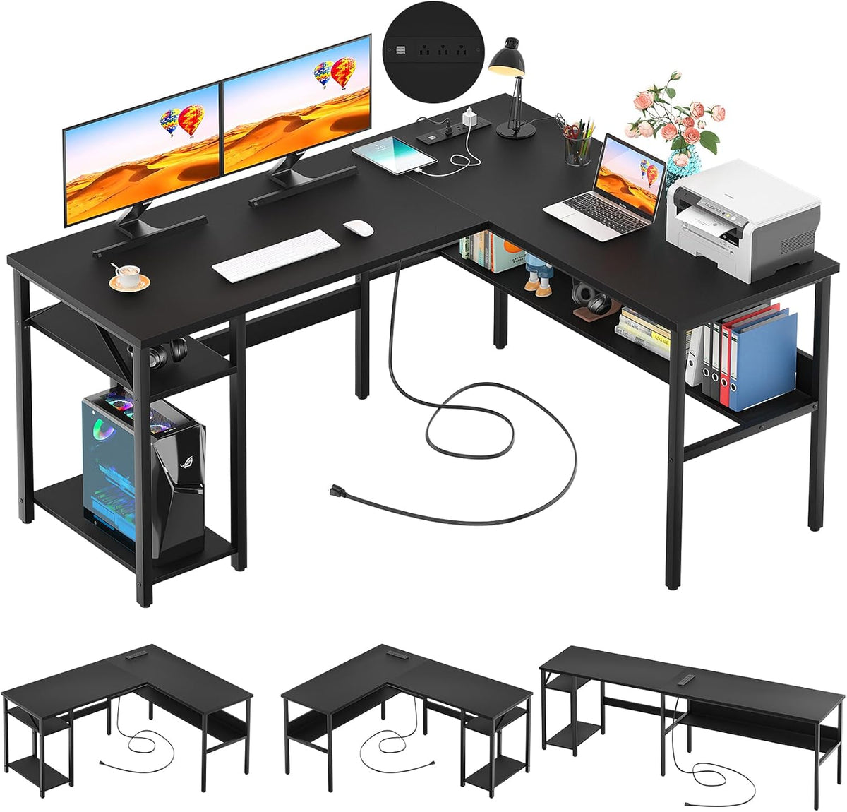 Unikito Reversible L Shaped Desk with Magic Power Outlets and USB Charging Ports, Sturdy Corner Computer Desk with Storage Shelves, Gaming Table Home Office Desk, Easy to Assemble, Black