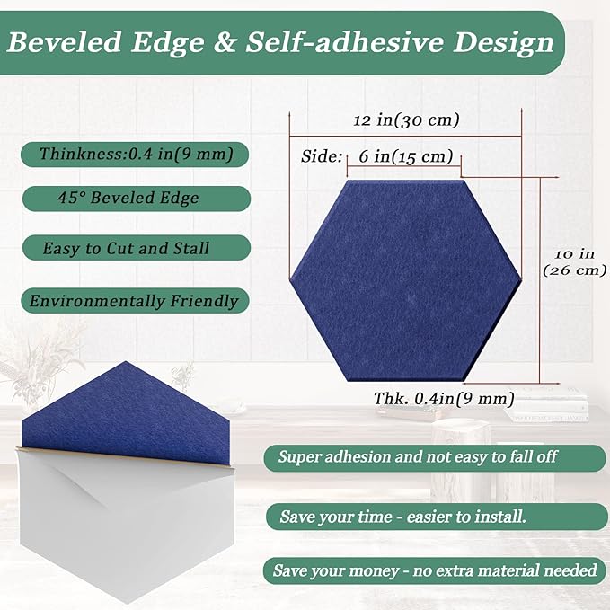 Hexagonal Acoustic Panels-12 Pack High-Density Sound Absorbing Panels 12"X10"X0.4" for Enhanced Noise Reduction, DIY Design, Idea for Studios, Offices, and Home Theaters(Sapphire Blue)