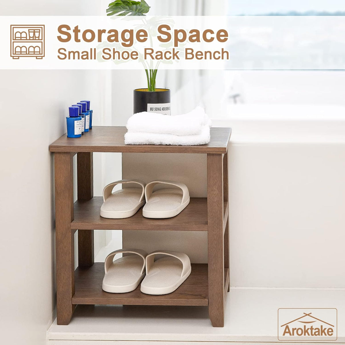 Small Shoe Rack Bench, 2-Tier Solid Wood Heavy Duty Shoe Organizer Shelf for Entryway, Living Room,Bedroom (Brown, 11.81"x15.75"x16.54")