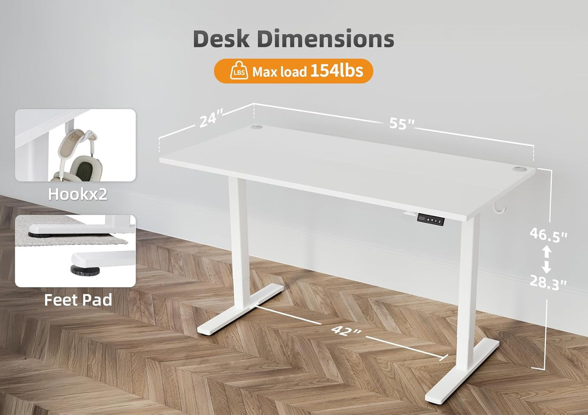 Seang Standing Desk with Adjustable Height, Electric Stand Up Desk 55x24 Inch for Home Office, Studio, Computer Workstation, White
