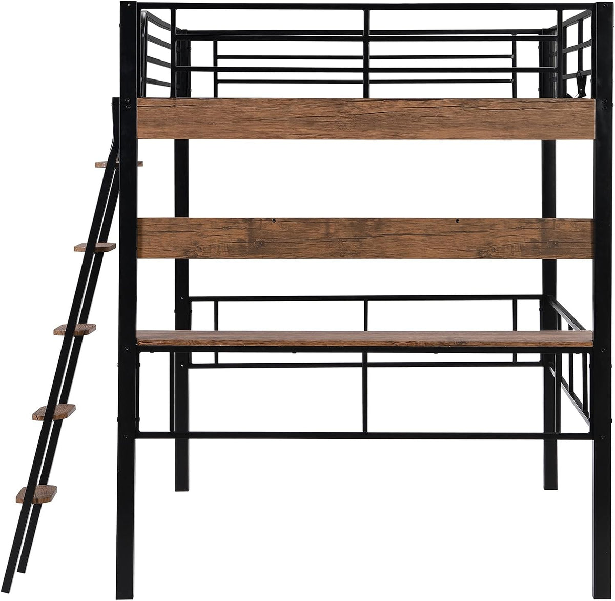 Metal Full Size Loft Bed with Built-in Desk,Storage Shelf and Ladder,Full-Length Guardrails and Secured Metal Slats, High LoftBed W/Large Storage Space for Kids Teens Adults Bedroom,Black