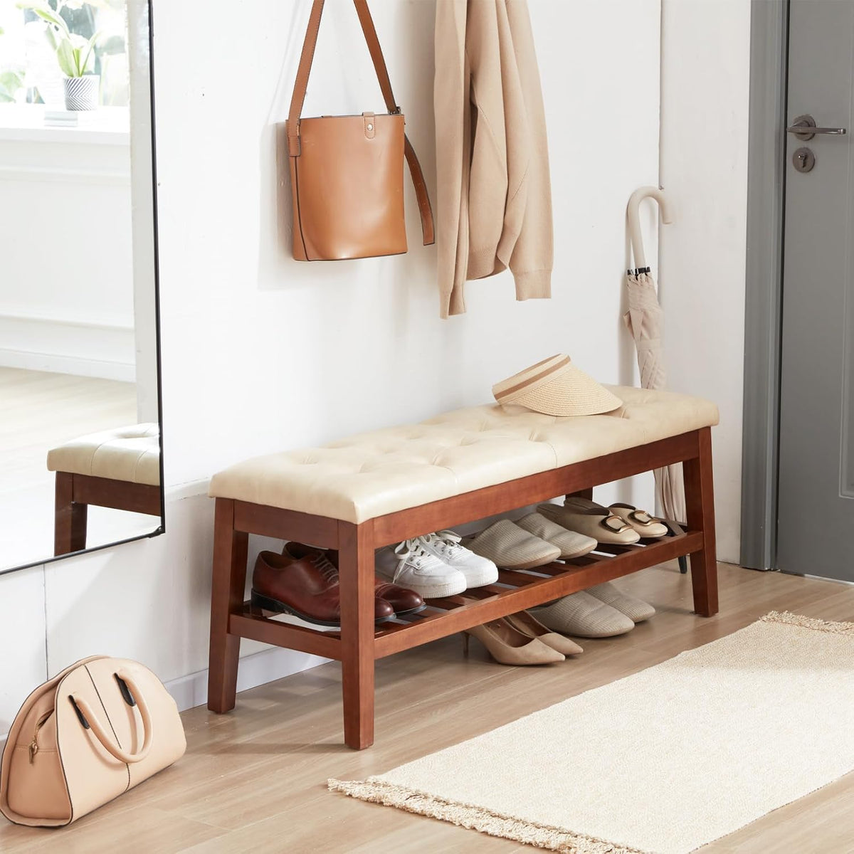Upholstered Shoe Bench Entryway Bench for Bedroom, End of Bed, Ottoman Bench Tufted Padded Seat with Solid Wood Shelf for Living Room, Faux Leather Ivory