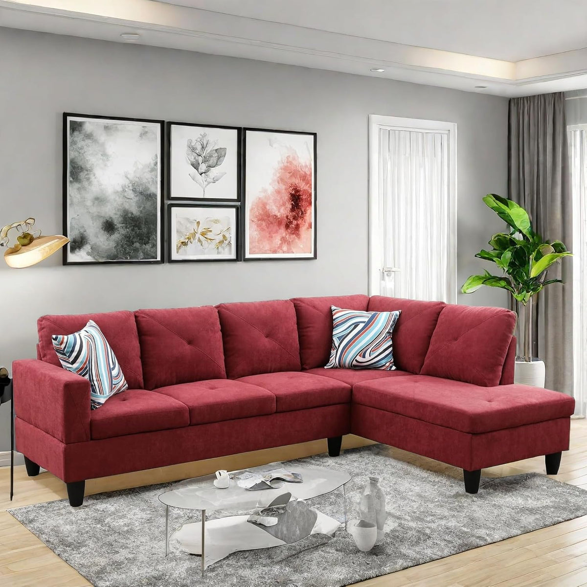Modular Sectional Couch, L Shaped Couch with Storage, Convertible Sofa with Ottomans, Modern Sectional Sofa for Living Room and Office, Red