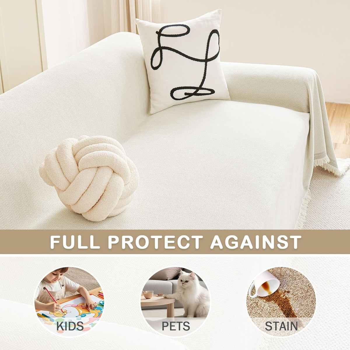 hyha Couch Cover for Dogs, Boho Sofa Covers for 3 Cushion Couch Washable, Chenille Sofa Slipcover for Pets, Soft Loveseat Sectional Couch Throw Blankets with Tassels (Beige, 88.5x150 Inch)