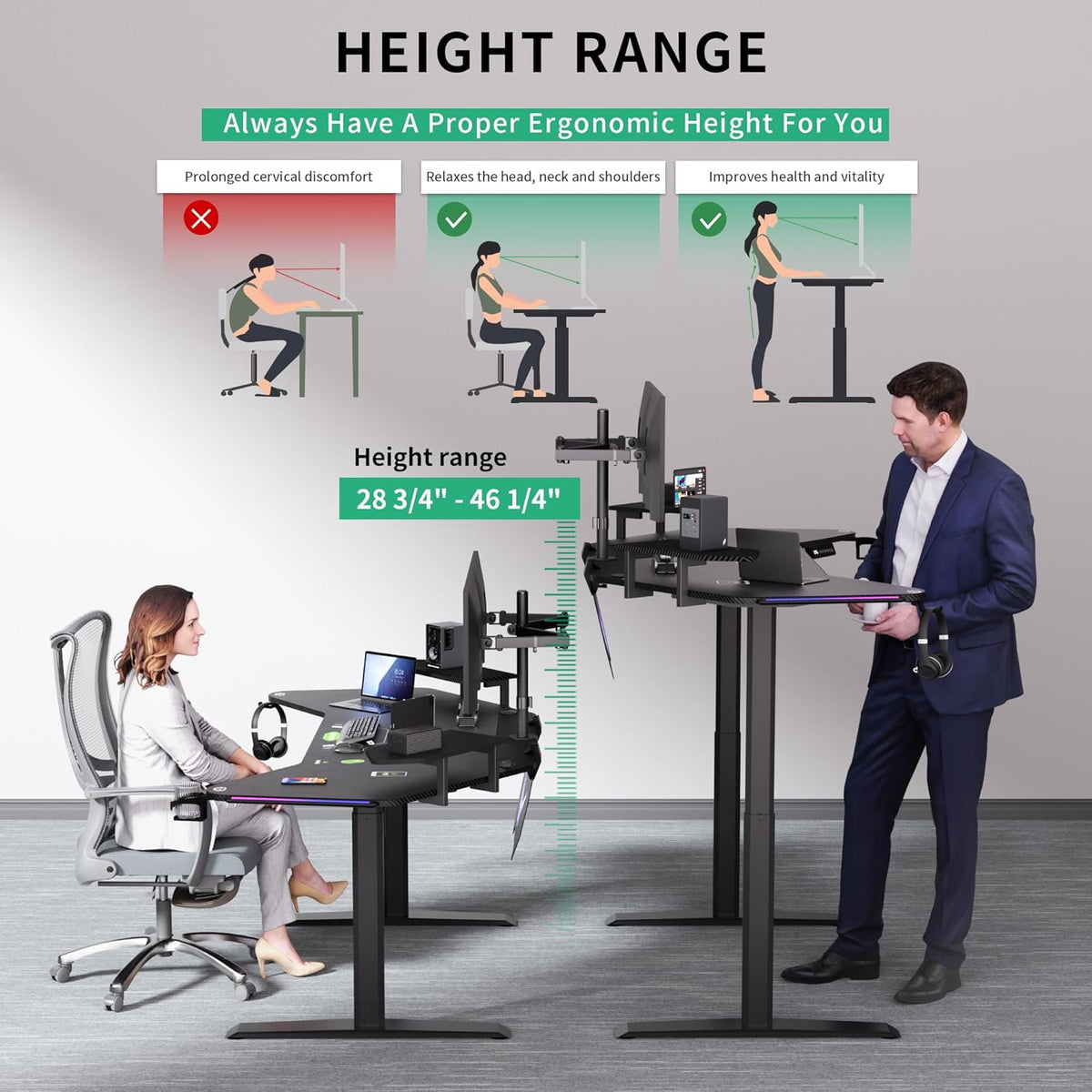 JWX Dual Motor Standing Gaming Desk with Aluminum Alloy Led Lights, 72'' Wing Shaped Large Gaming Studio Music Desk with Slot Design Shelves, for Streamer, Social Media Influencer & Music Recording