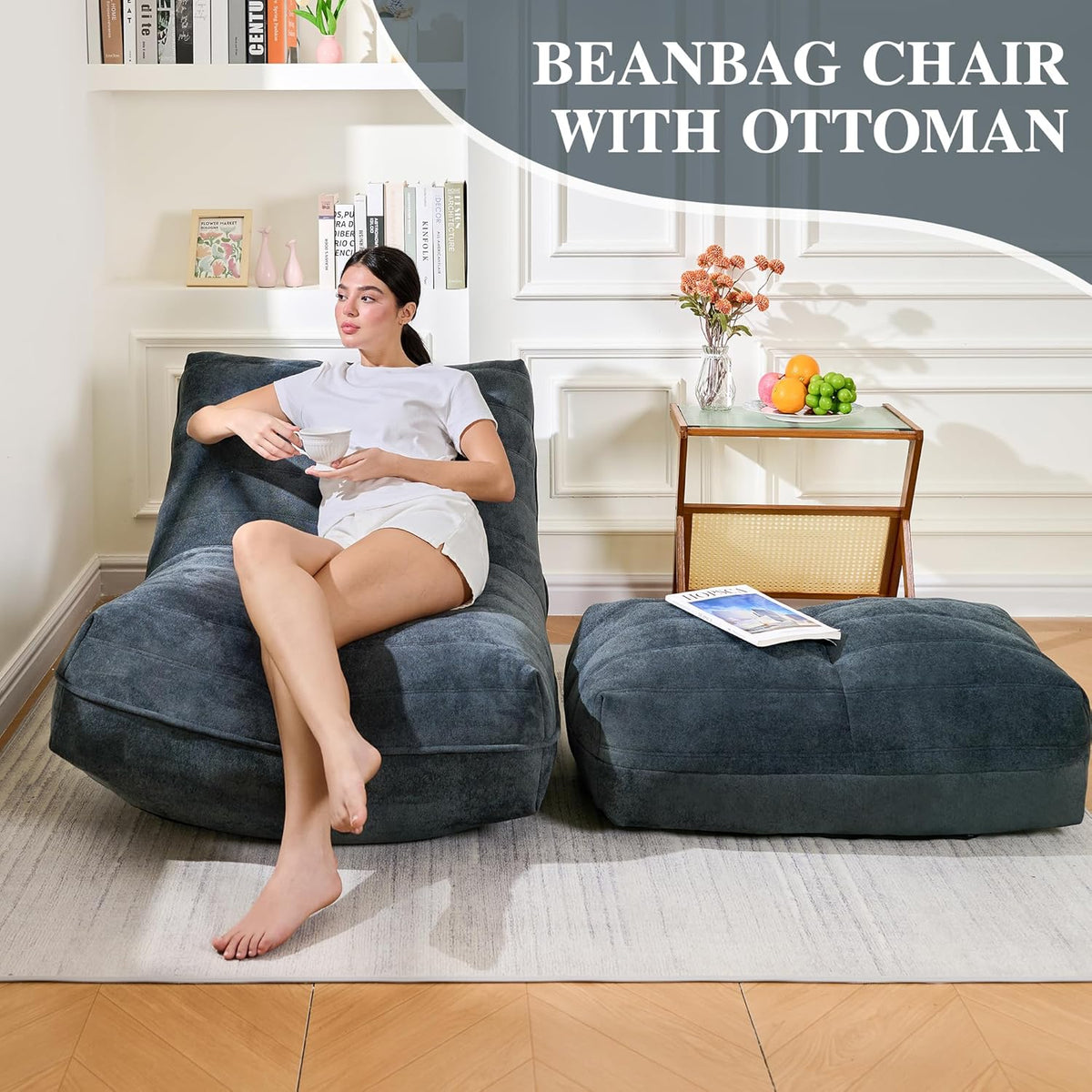 Bean Bag Chair with Ottoman, Comfy Bean Bag Sofa with Memory Foam, Lazy BeanBag Sofa with Footstool, Fireside Bean Bag Couch for Living Room, Bedroom, Apartment (Blue Gray)
