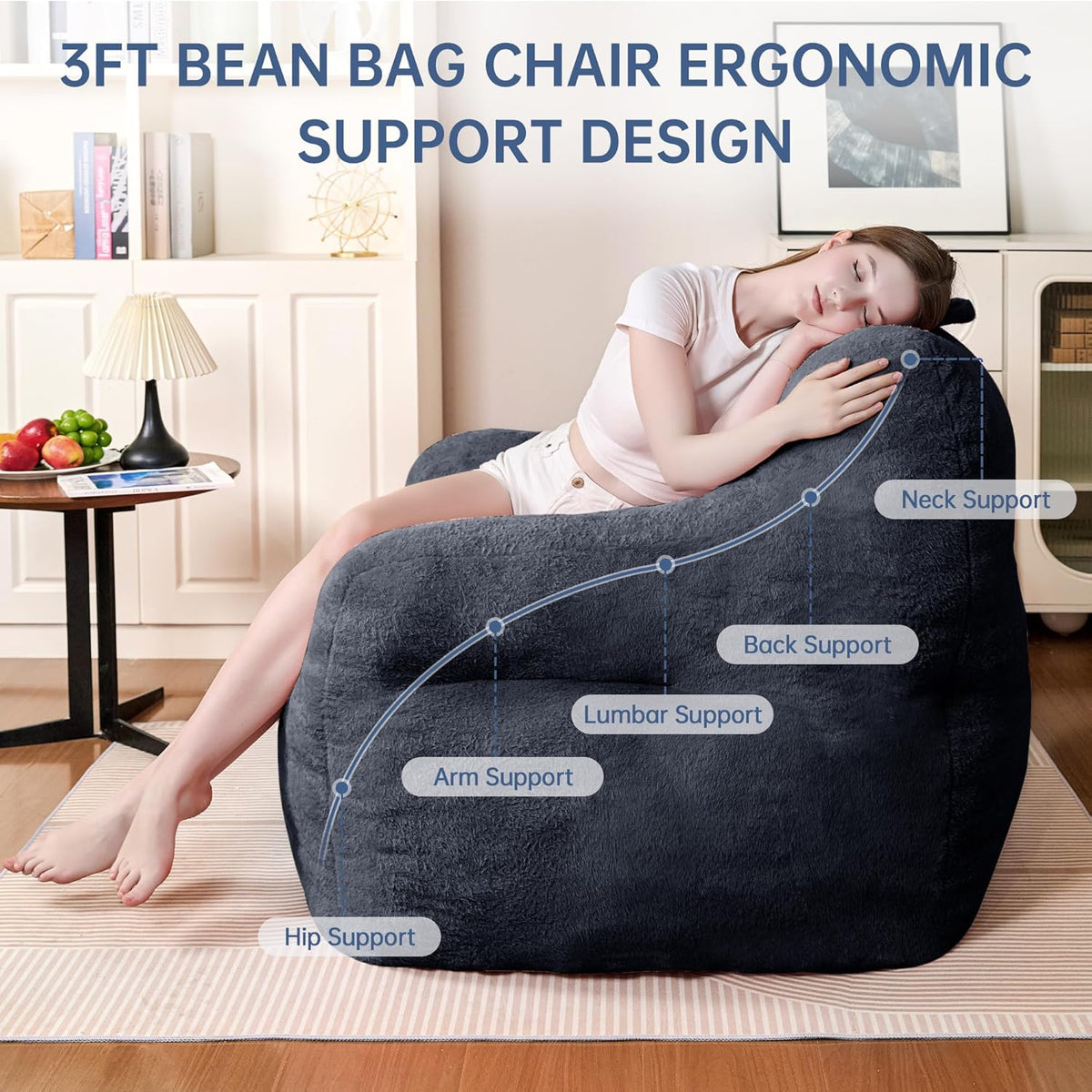 Blue Bean Bag Chair Ultra-Soft Faux Fur Large Bean Bag Couch - Plush Memory Foam BeanBag Chair with Filling, Bedroom Comfy Chair for Adults, Teens, Kids (Blue)