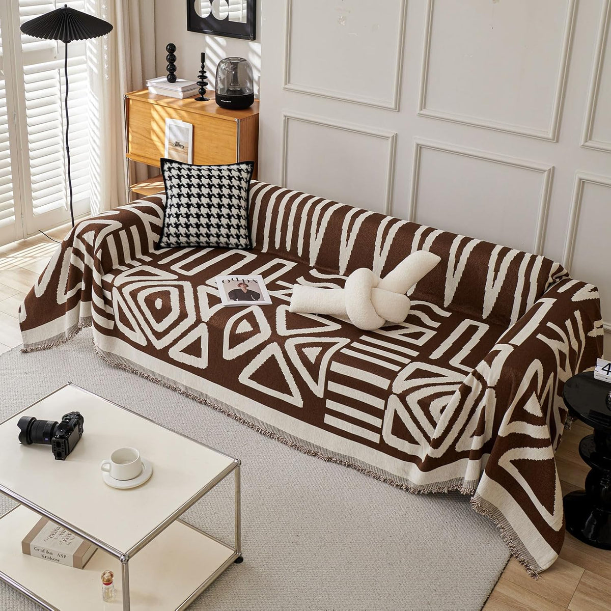 STACYPIK Soft Breathable Boho Chocolate Sofa Cover Stain Resistant Furniture Protector for 3 Cushion Couch Washable Sofa Cover for Dogs Cats Dark Khaki Reversible Sectional Covers for Sofa-91X134IN