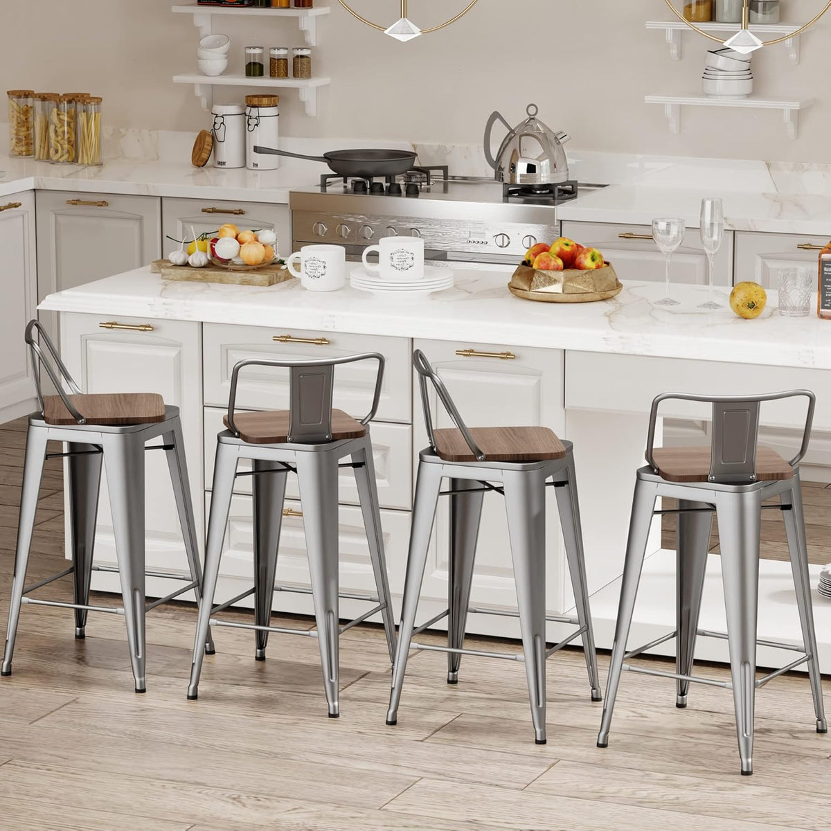24 Inch Swivel Bar Stools Set of 4 with Backs Counter Height Industrial Metal Barstools Island Bar Chairs for Home Kitchen Dining Room (Swivel 24 inch, Silver Wooden)