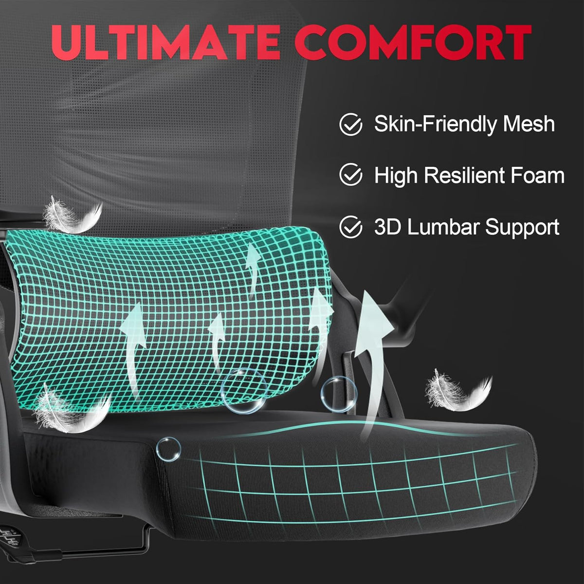 Big and Tall Ergonomic Office Chair，400LB Comfy Desk Chairs with Lumbar Back Support, Heavy Duty Mesh Computer Chairs with Wheels and Arms Comfortable for Home Office, Study, Bedroom