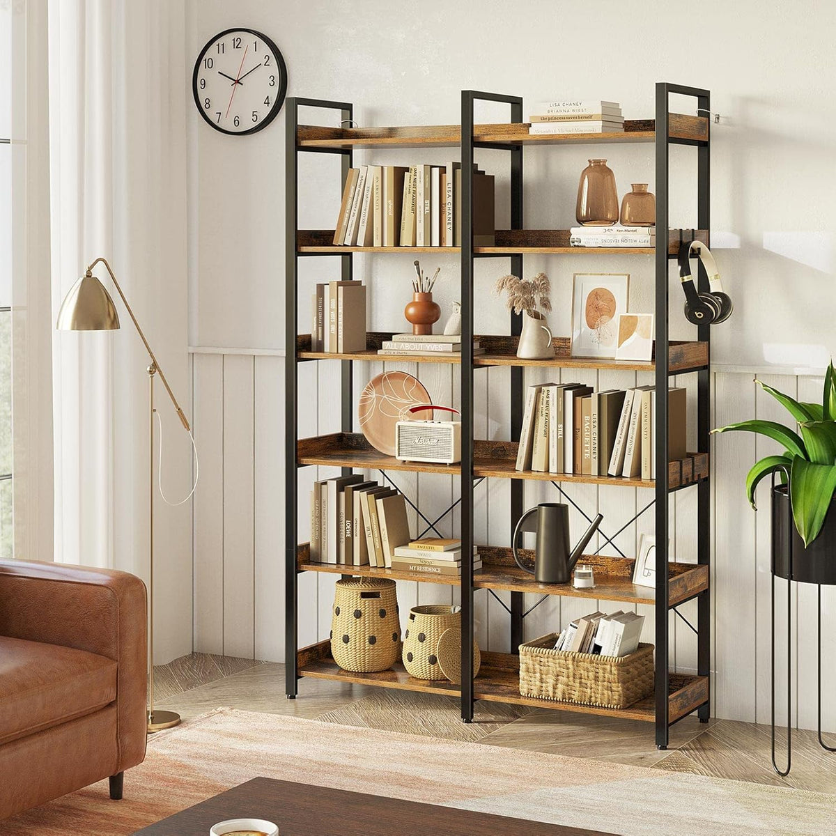 Seventable Bookshelf 6 Tier with 4 Hooks, 67” Industrial Wooden Bookcase, Vintage Storage Rack with Open Shelves, Rustic Standing Bookshelves Metal Frame 43.3” Wide Display Rack, Rustic Brown