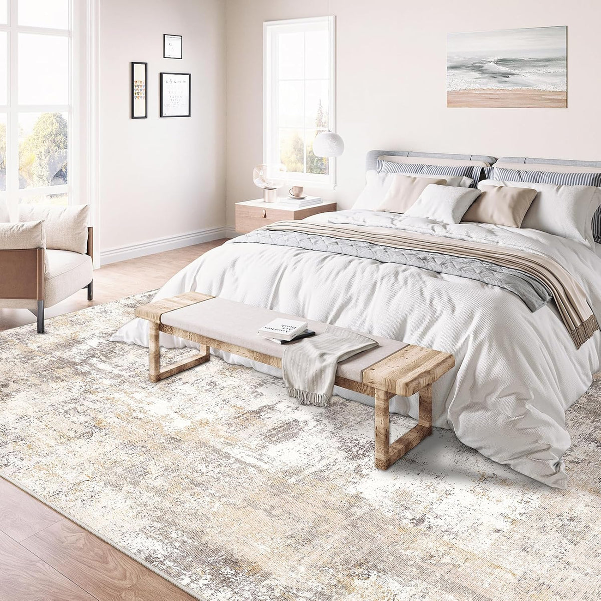 9x12 Washable Area Rug Beige Grey Neutral Abstract Living Room Bedroom Large Throw Rug Non Slip Soft Low Pile Indoor Floor Carpet for Dining Room Kitchen Office Entryway