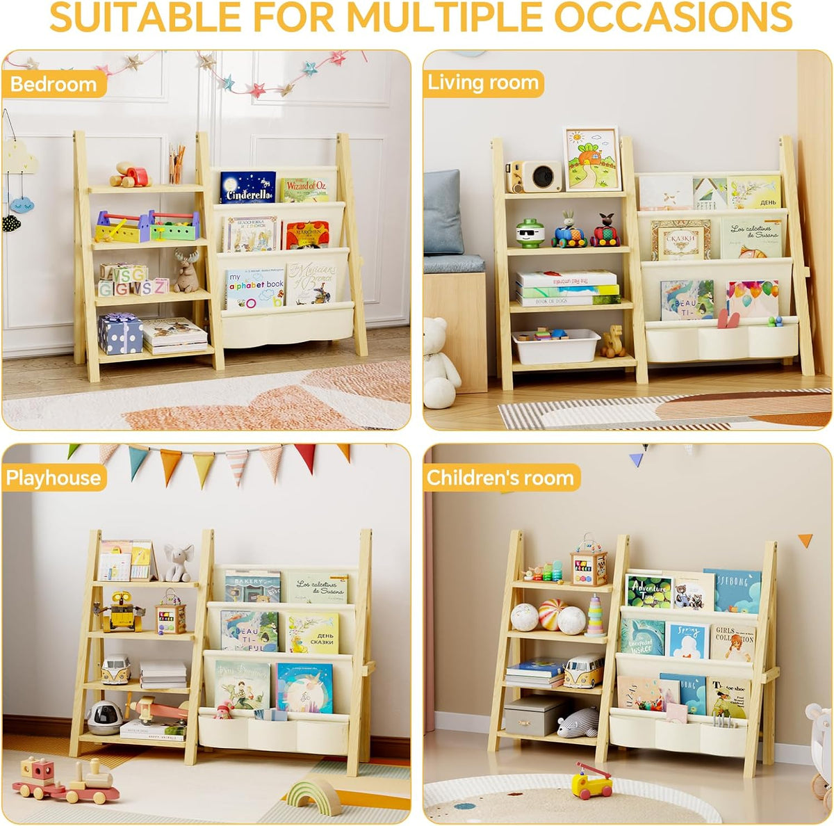 Toy Storage Organizer with Kids Bookshelf, Montessori Wooden Toy Organizer Book Shelf for Kids Rooms, Nursery, Playroom, Child, Baby, Toddler Bookcase, Toys Rack Fabric Sling Book Shelves
