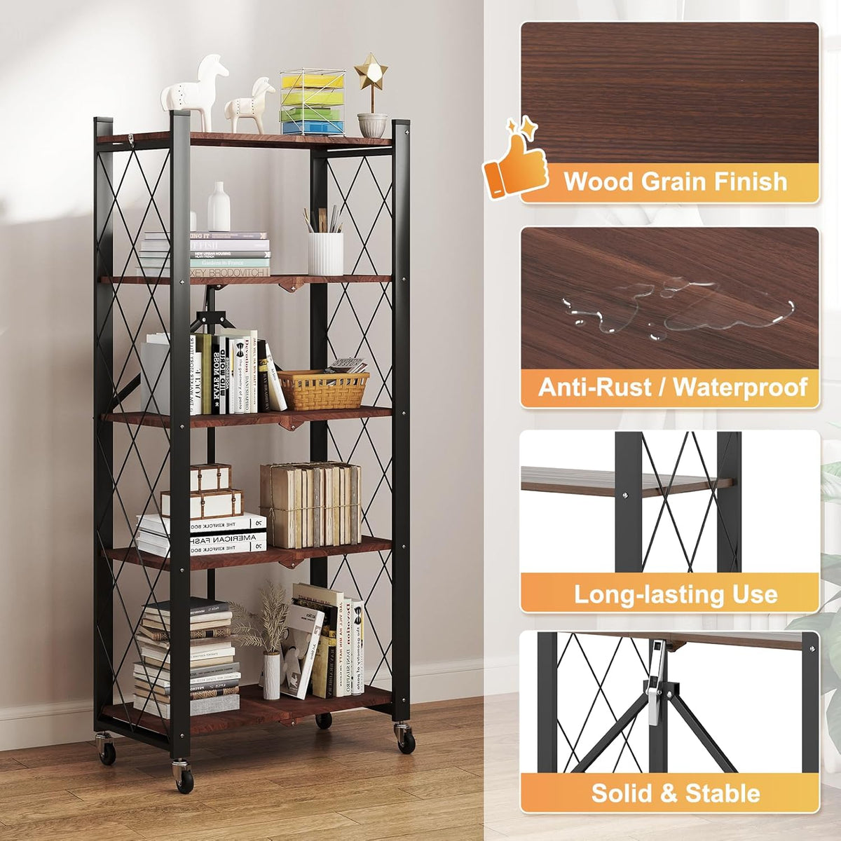 BAOYOUNI 5-Tier Vintage Industrial Bookshelf - No Assembly Folding Storage Shelf with Woodgrain Finish | Collapsible Metal Bookcase for Living Room, Office & Bedroom