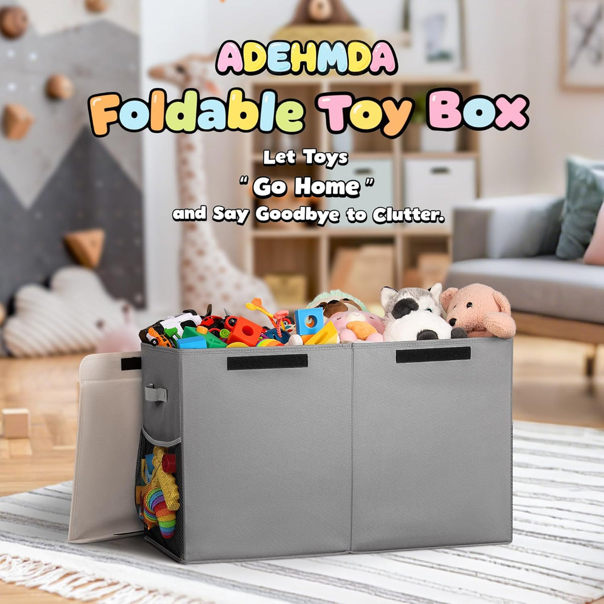 80L Large Toy Storage Box with Lid, Large Toy Box Chest for Kids, Girls and Boys, Nursery Room and Living Room, 26"x13" x16" - Grey