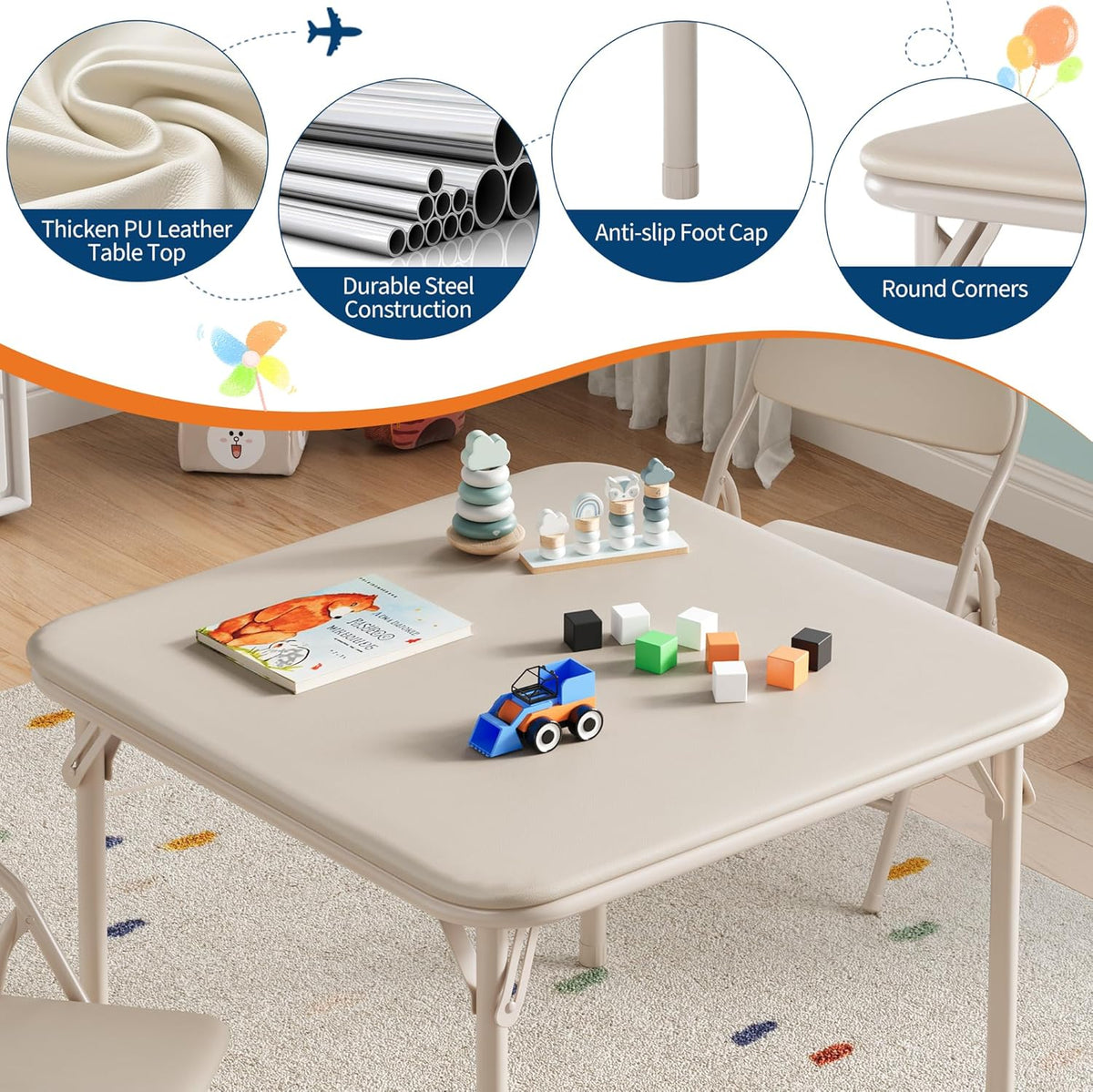IDEALHOUSE 3 Piece Folding Kids Table and Chairs Set, Children Activity Table and Chairs Set for Dining Room,Daycare,Classrooms