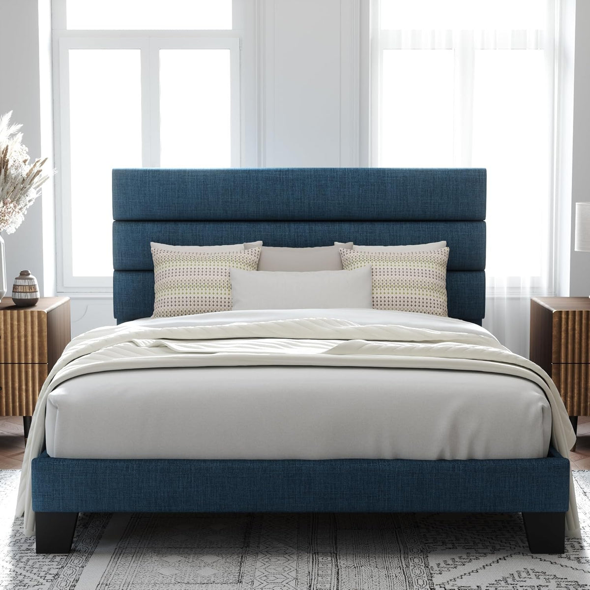 Allewie Full Size Platform Bed Frame with Fabric Upholstered Headboard and Wooden Slats Support, Fully Upholstered Mattress Foundation/No Box Spring Needed/Easy Assembly, Navy Blue