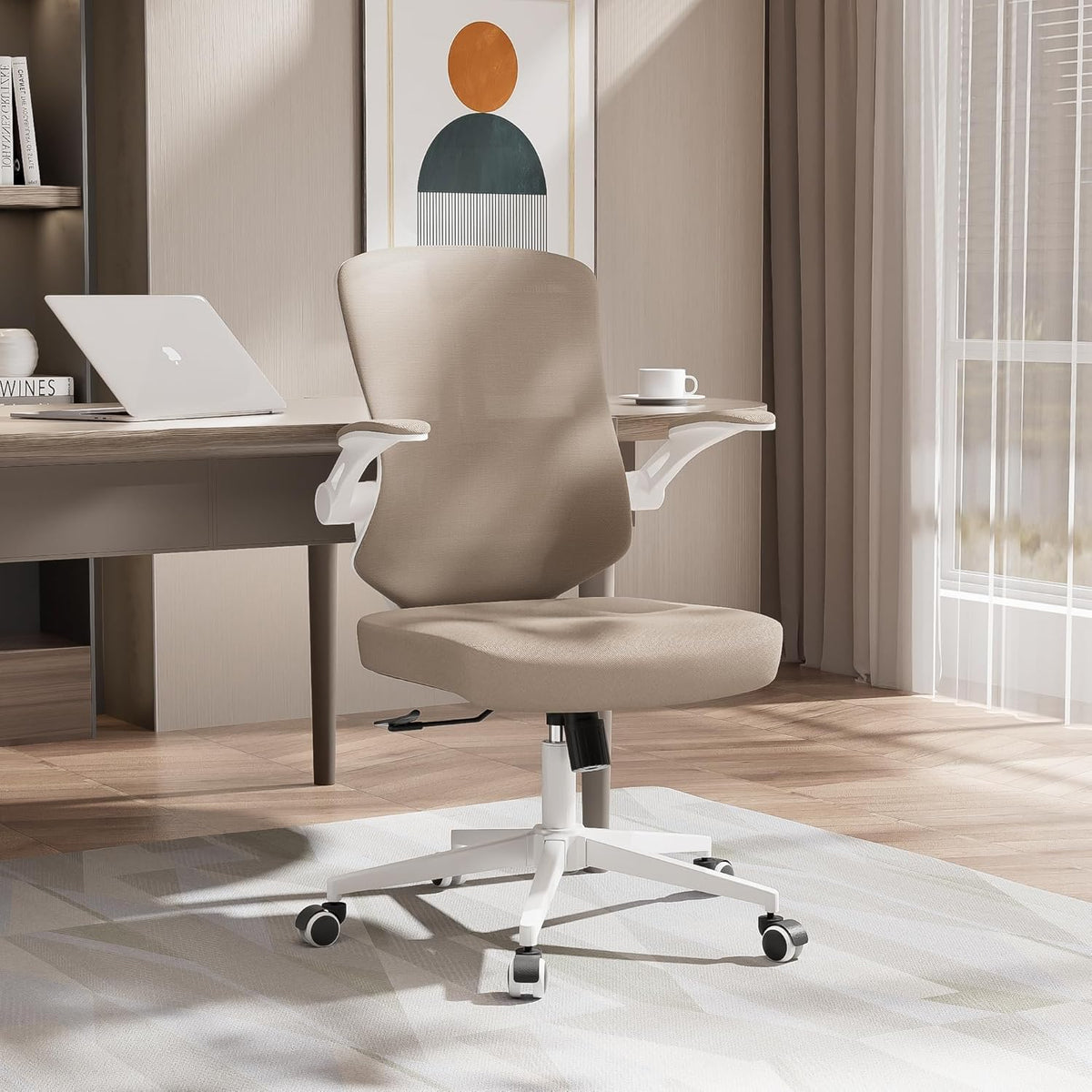 Office Chair, Ergonomic High Back Comfy Desk Chairs and Flip-up Armrest Lumbar, Swivel Tilt Function Backrest Computer Chair,PU Rolling Wheels Capacity 350LBS (Khaki)