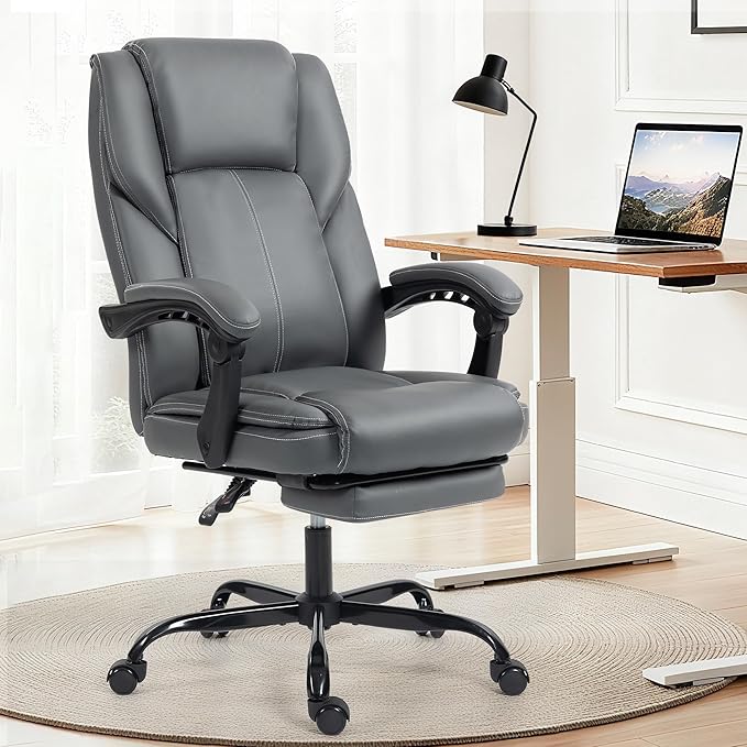 Office Chair with Footrest, Executive Breathable Leather Office Desk Chair with Lumbar Support - Ergonomic Comfy Wide Reclining Swivel Rolling Gaming Computer Chair with Adjustable 90-135° High Back