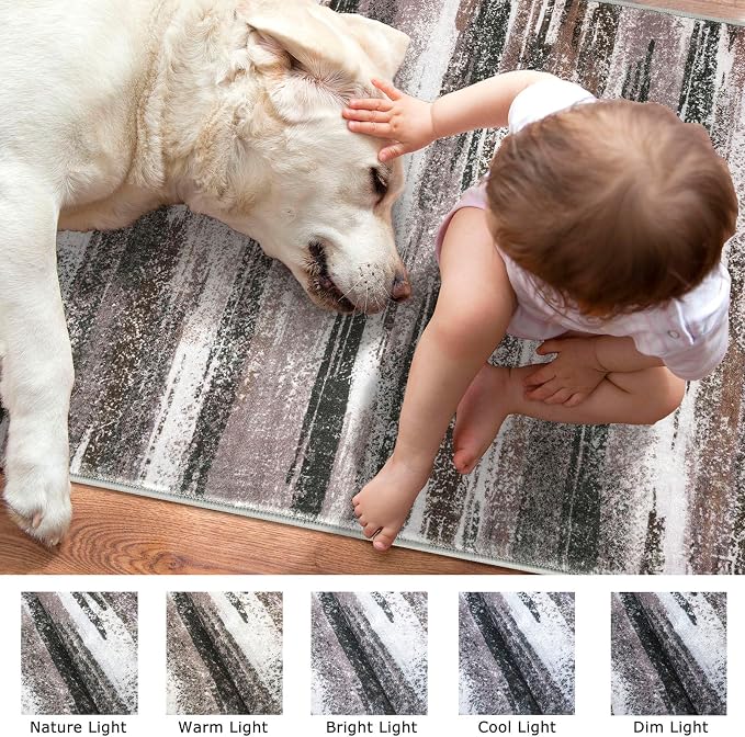 Lansny Modern Abstract Runner Rug 2x10, Dark Light Brown White Washable Long