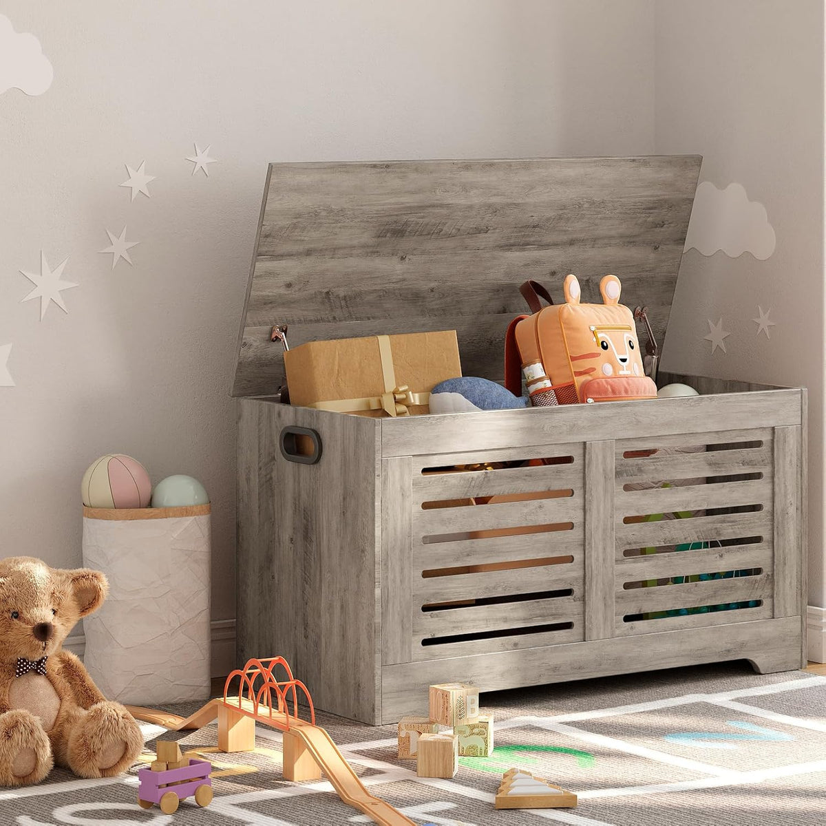 DINZI LVJ Storage Chest, 39.4”Wooden Toy Box with 2 Safety Hinges, Retro Entryway Shoe Storage Bench with Flip-Top, Sturdy Large Storage Trunk for Living Room, Bedroom, Easy Assembly, Gray Wash