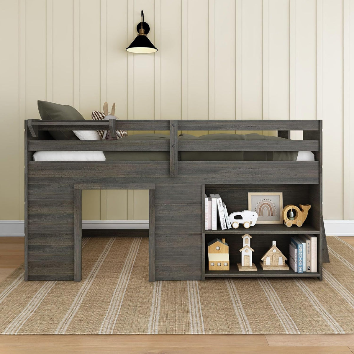 Max & Lily Modern Farmhouse Twin Low Loft Bed with Bookcase - Solid Wood, 15” Guardrails, 400-lb Capacity, Low-VOC Finish, Driftwood