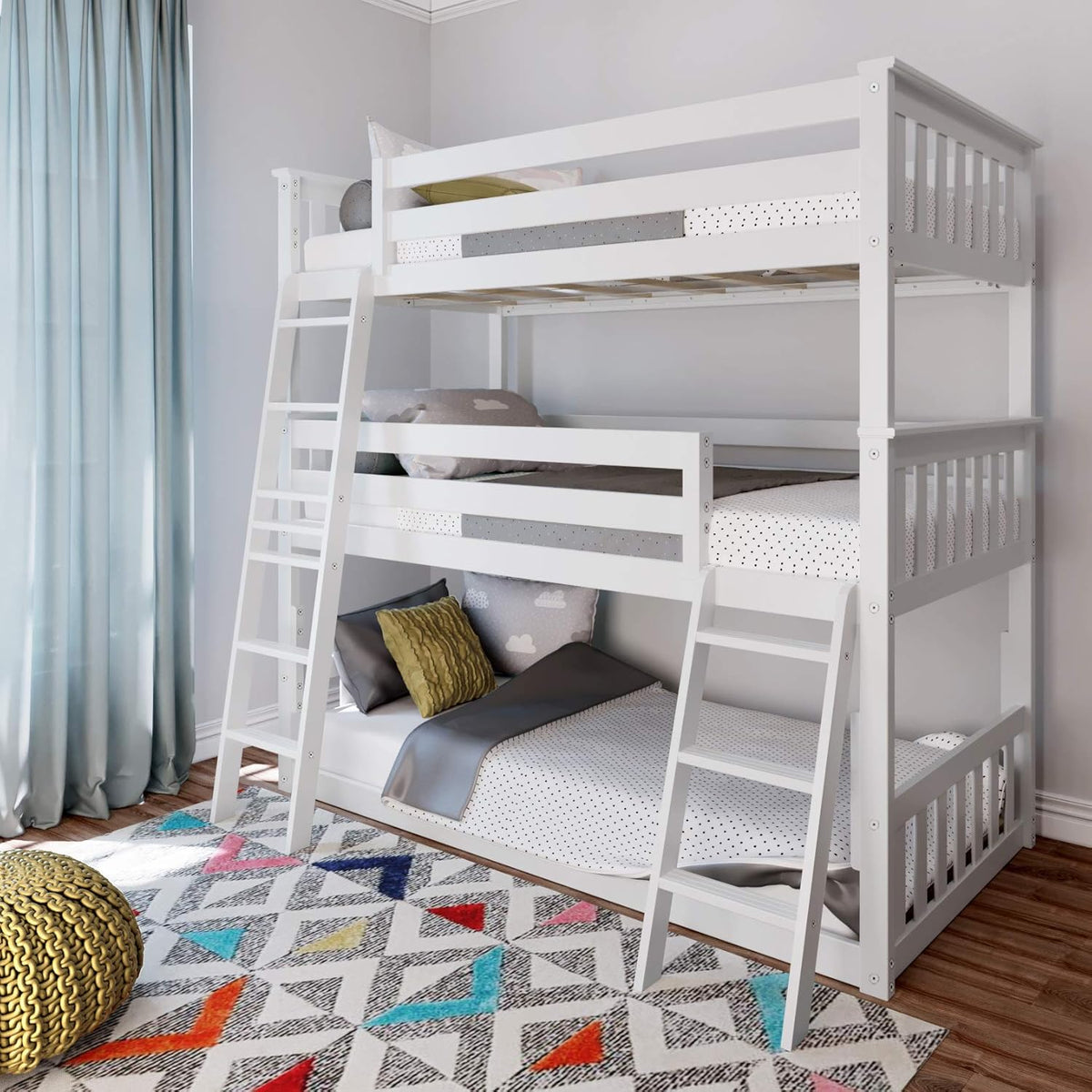 Max & Lily Triple Twin Bunk Bed, Solid Wood Bed Frame For Kids, No Box Spring Needed, Easy Assembly, White