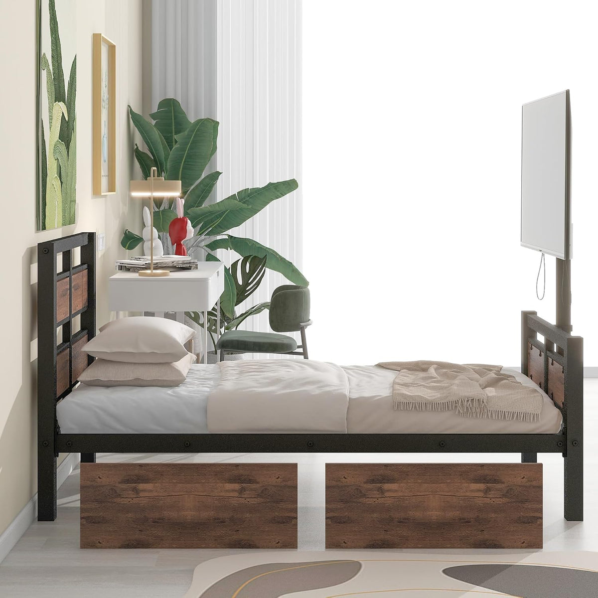 Twin Size Metal Platform Bed with MDF Headboard and Footboard,Two Storage Drawers and Rotatable TV Stand,Industrial Modern Bunk-Bed,No Box Spring Needed,for Juniors&Adults,Black