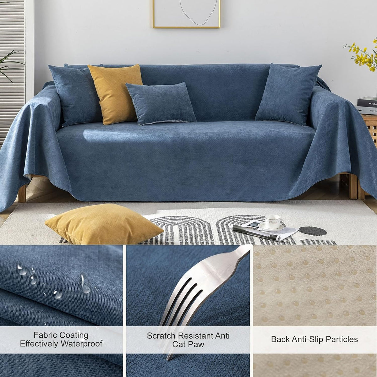 STACYPIK Waterproof Dark Blue Sofa Cover, Washable Couch Cover for 2 Cushion Couch, Anti-Slip Furniture Protector, Pet-Friendly Couch Cover for Pets and Kids, Loveseat Covers, Futon Cover-71X102IN