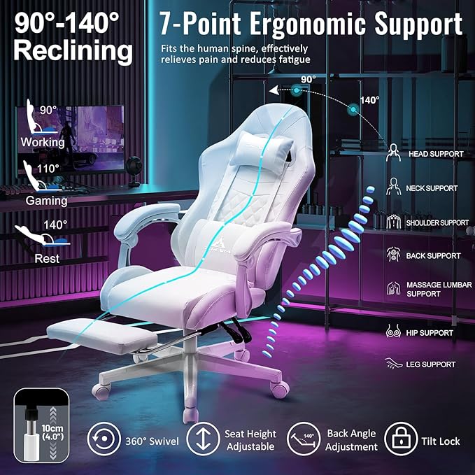 White Gaming Chair,Ergonomic Massage Computer Office Desk Chair with Footrest,Pocket Spring Cushion,Reclining Leather Adjustable Gamer Chair with Headrest and Lumbar Support,White