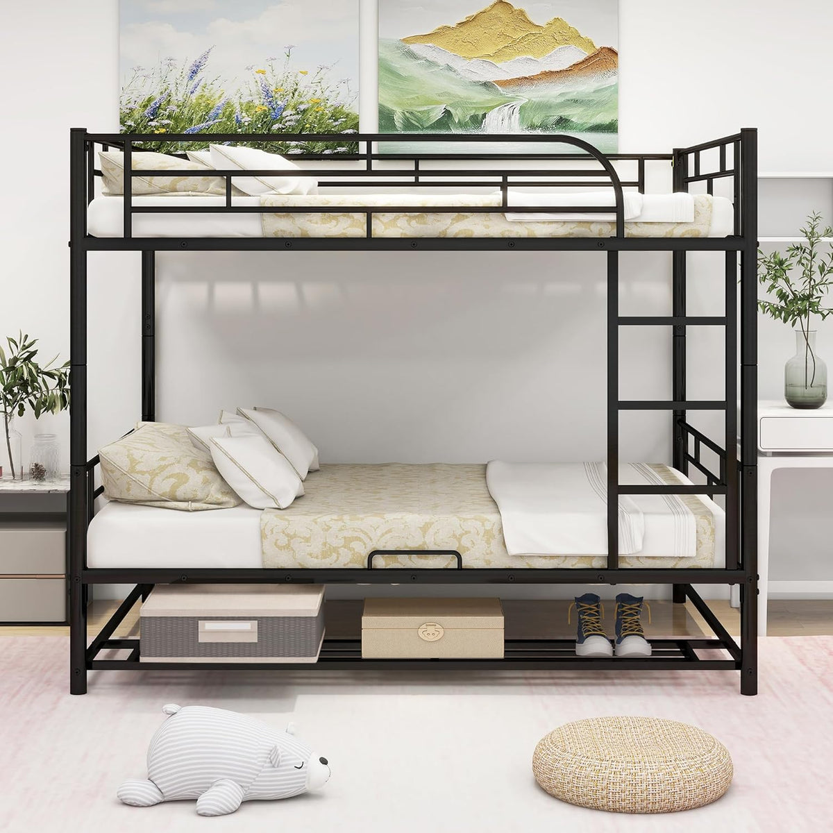 Metal Full Over Full Bunk Bed with Storage Shelf and Guardrails,Multifunctional Bed Frame w/Ladder,Can Seperated into 2 Beds,No Spring Needed,for Kids Boys Girls Teens,Black