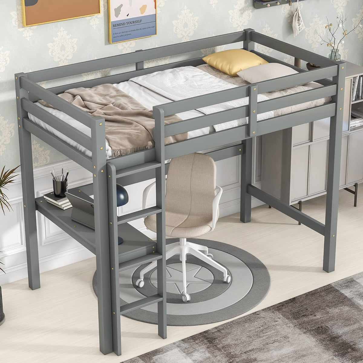 HomSof Twin Loft Bed with Built-in Desk,Grey