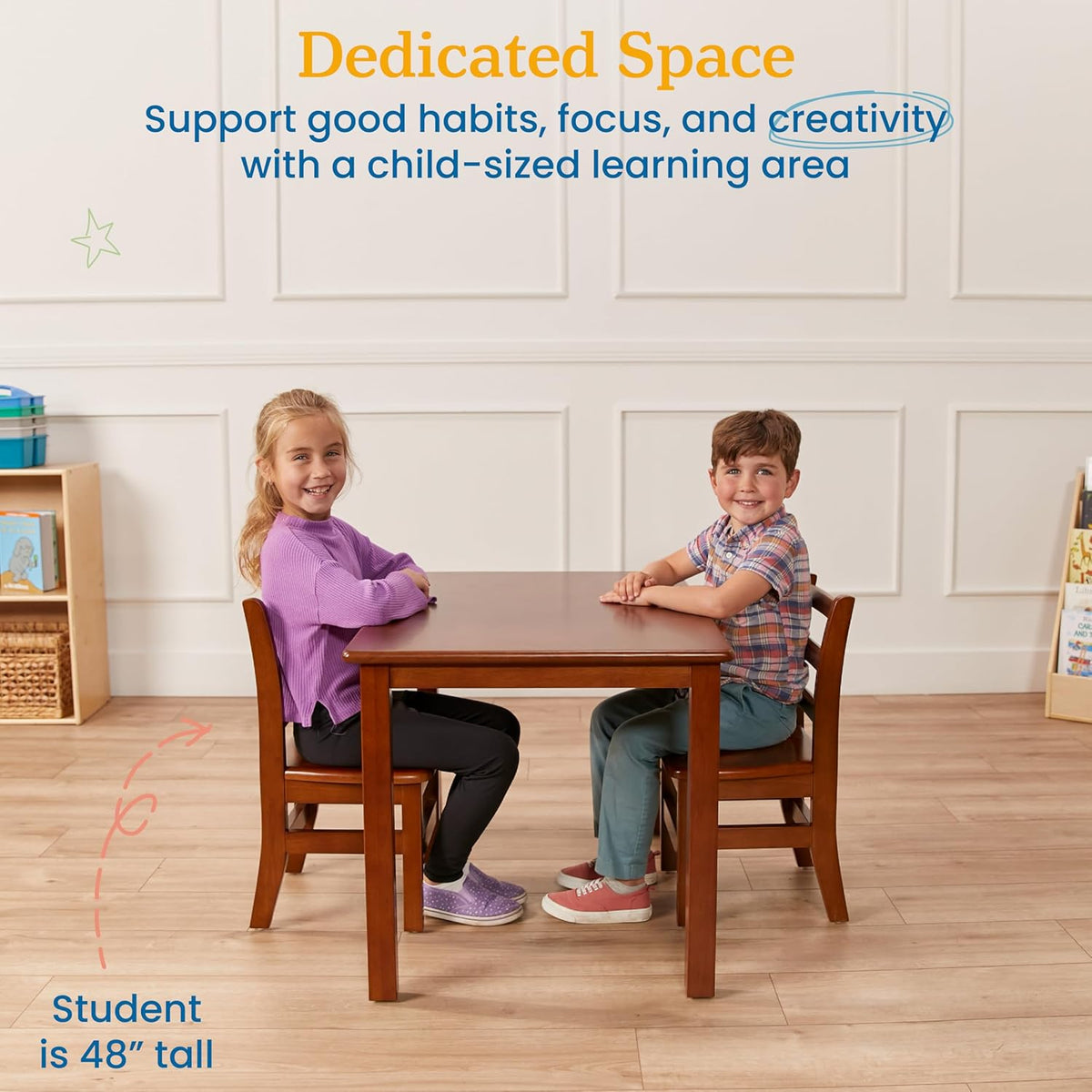 ECR4Kids 24in x 36in Rectangular Hardwood Table and Chair Set, 12in Seat Height, Kids Furniture, Dark Walnut