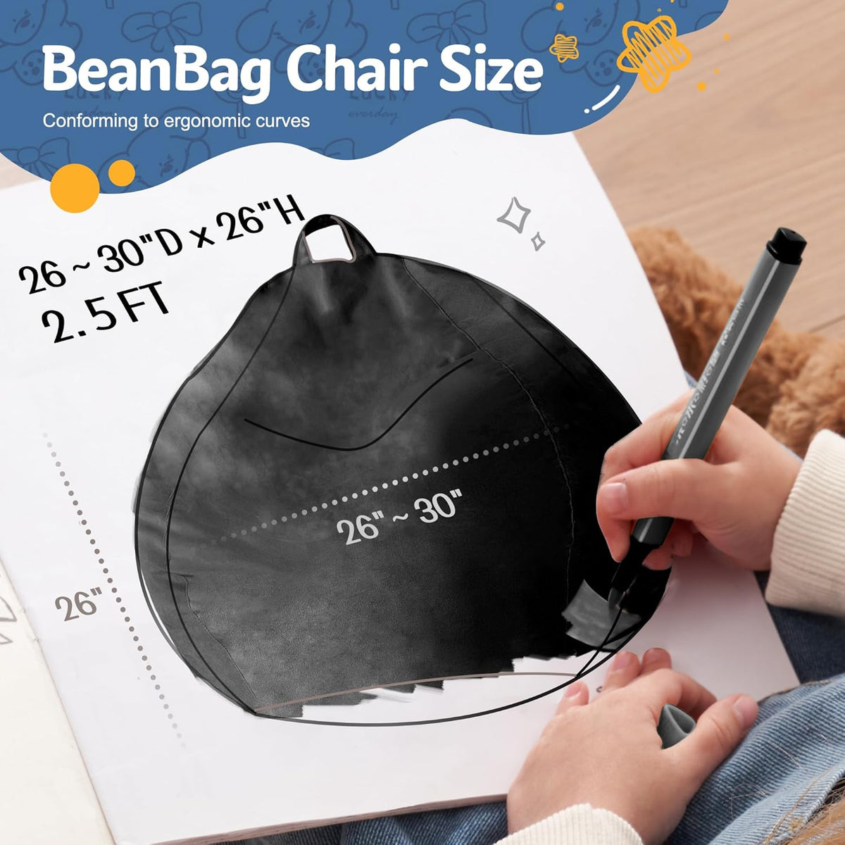 Homguava 2FT Bean Bag Chair: 2' Bean Bags with Memory Foam Filled,Comfy Beanbag Chairs Round Bean Bag Sofa with Dutch Velvet Cover-Black