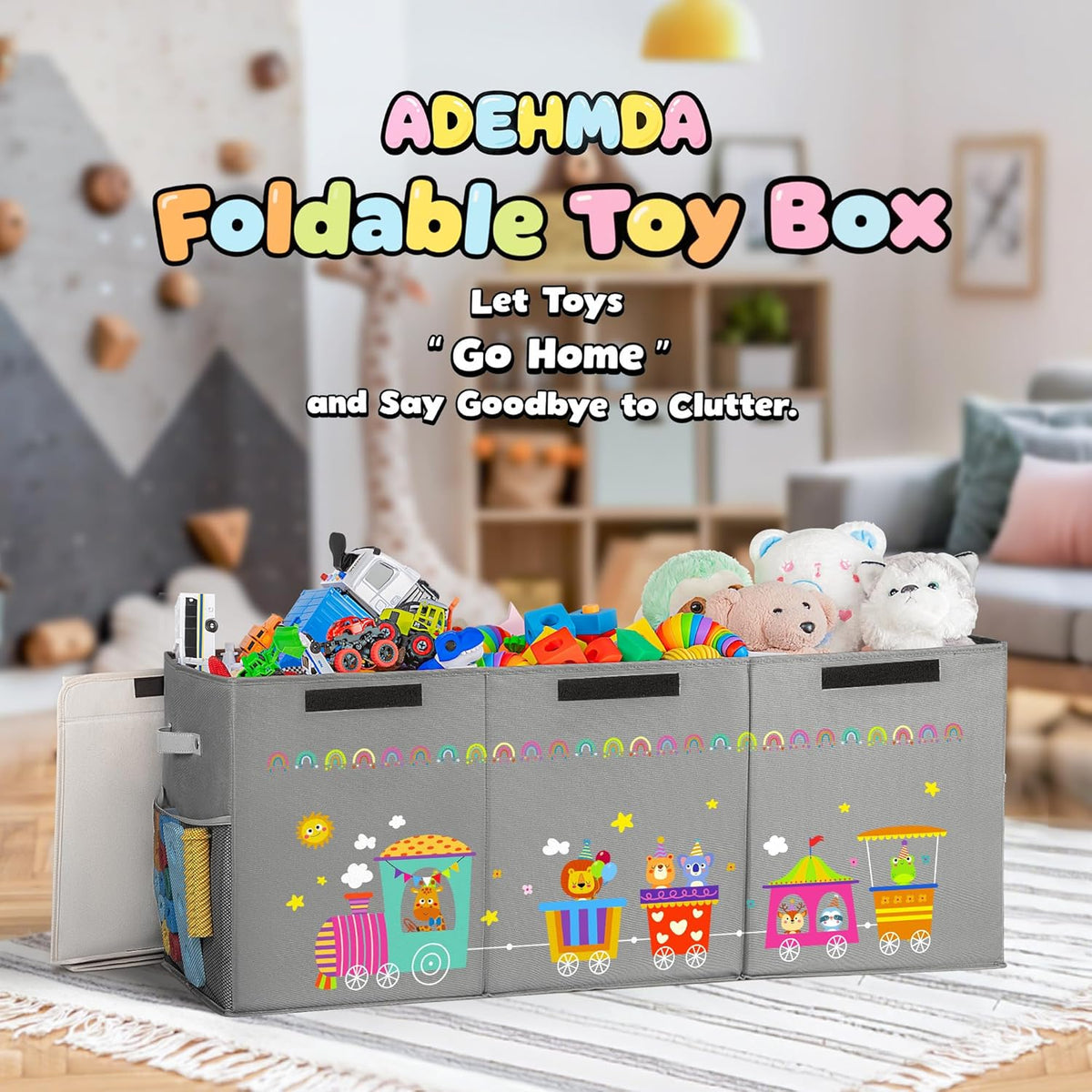 120L Large Toy Storage Box with Lid, Extra Large Toy Box Chest, Large Toy Box for Kids, Girls and Boys, Nursery Room and Living Room, 40"x13" x16"(grey-train)