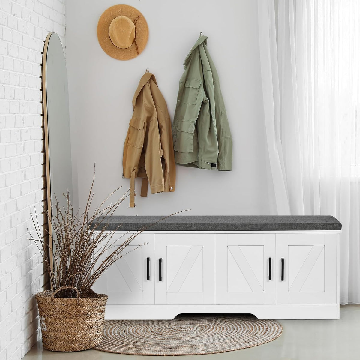 2-Tier Storage Bench, Shoe Bench with Padded Seat Cushion, Entryway Bench with 4 Barn Doors, Adjustable Shelf, 13.8" D x 47.2" W x 17.7" H, for Entryway, Living Room, Bedroom, White
