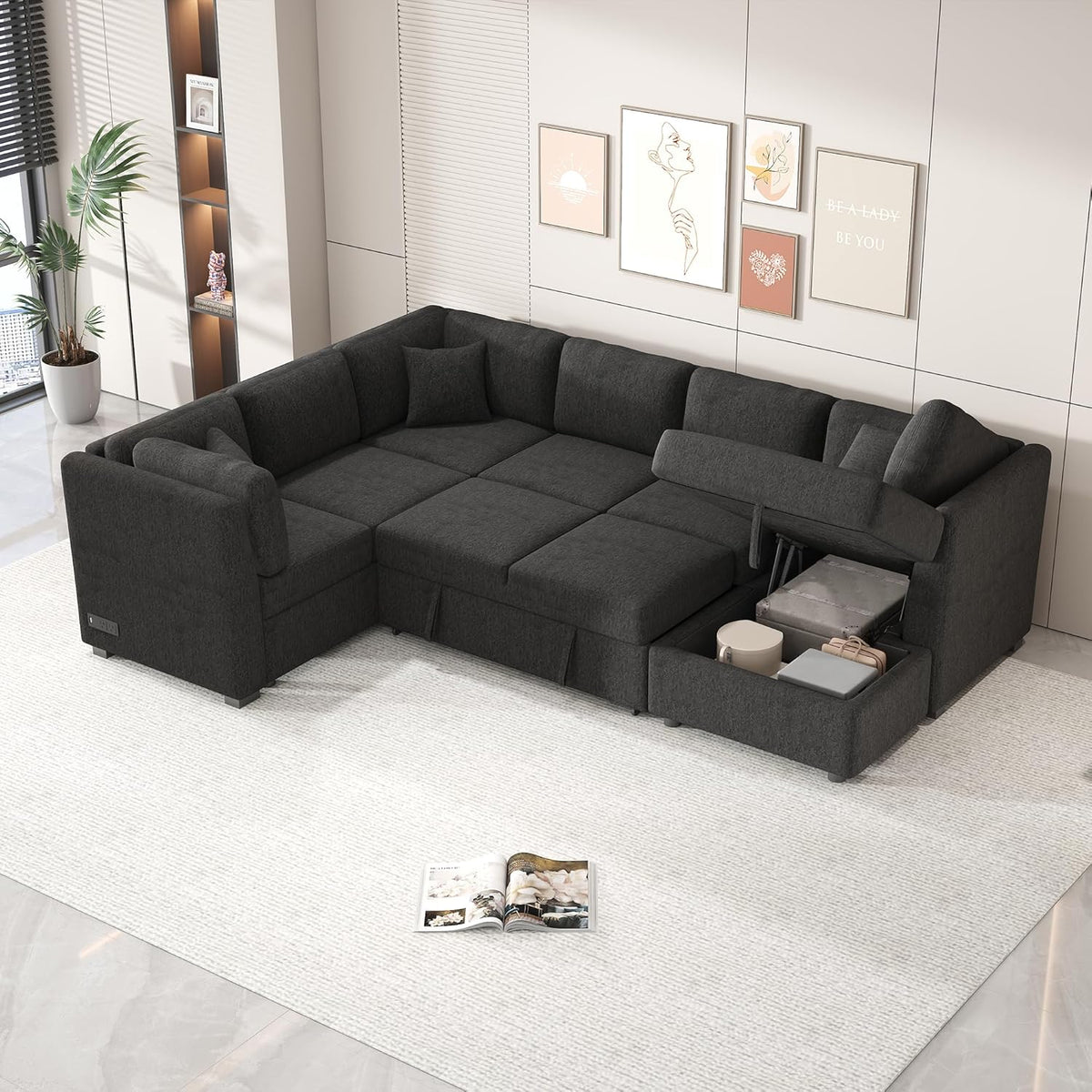 Ball & Cast 108.6" Sleeper Sectional Pull Out Sofa with 2 USB Ports,Two Power Sockets,Versatile U-Shape Couch w/ 3 Back Pillows and Storage Chaise,for Living Room,Office,Apartment,Black