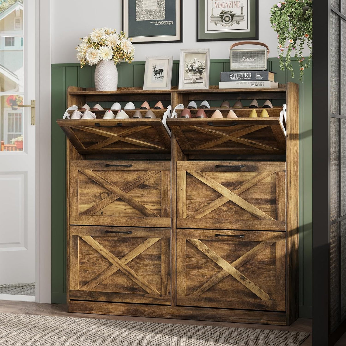 Maupvit Large Shoe Storage Cabinet with 6 Flip Drawers, Freestanding Shoe Organizer with Metal Handles for Entryway, Narrow Shoe Rack Cabinet, Rustic Brown