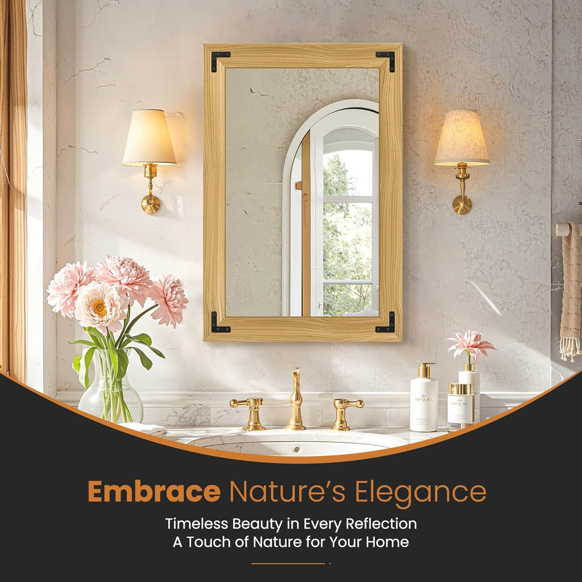 Bathroom Mirror for Wall with Wooden Frame, 36"x24" Solid Wood Vanity Mirror for Farmhouse, Bathroom, Bedroom Decor, Vertical or Horizontal Hanging(Natural)