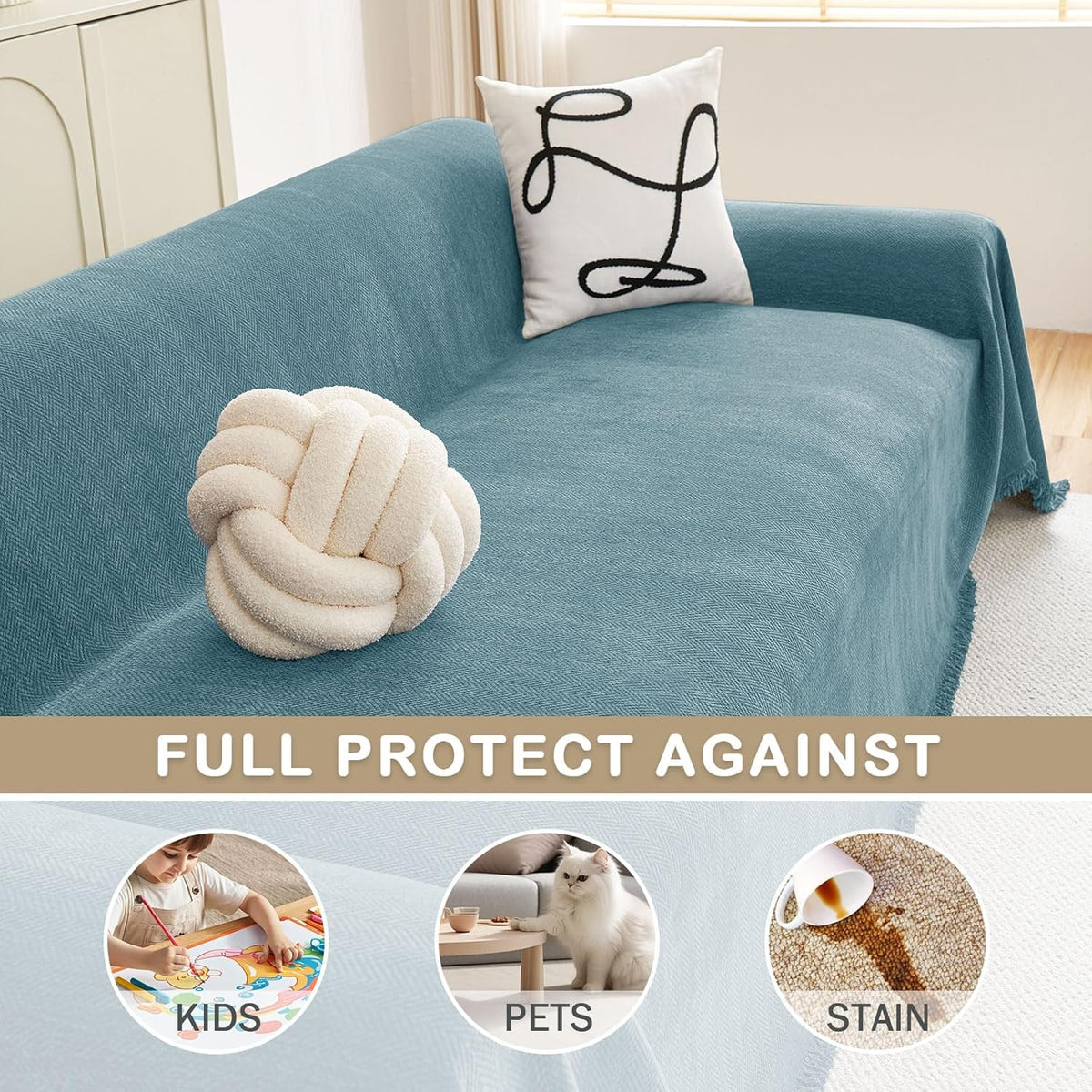 hyha Couch Cover for Dogs, Boho Sofa Covers for 3 Cushion Couch Washable, Chenille Sofa Slipcover for Pets, Soft Loveseat Sectional Couch Throw Blankets with Tassels (Blue, 71x134 Inch)