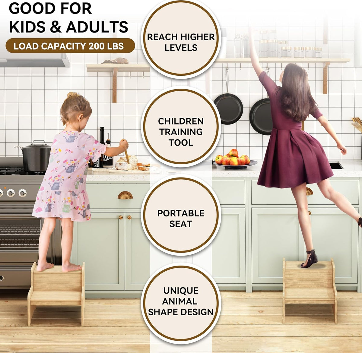 Wood Step Stools for Kids, Child Two Step Stool of DIY Shape, Toddler Step Stools Potty Training Stool, Easy to Move Safety for Kitchen, Bathroom, Bedroom, Toilet
