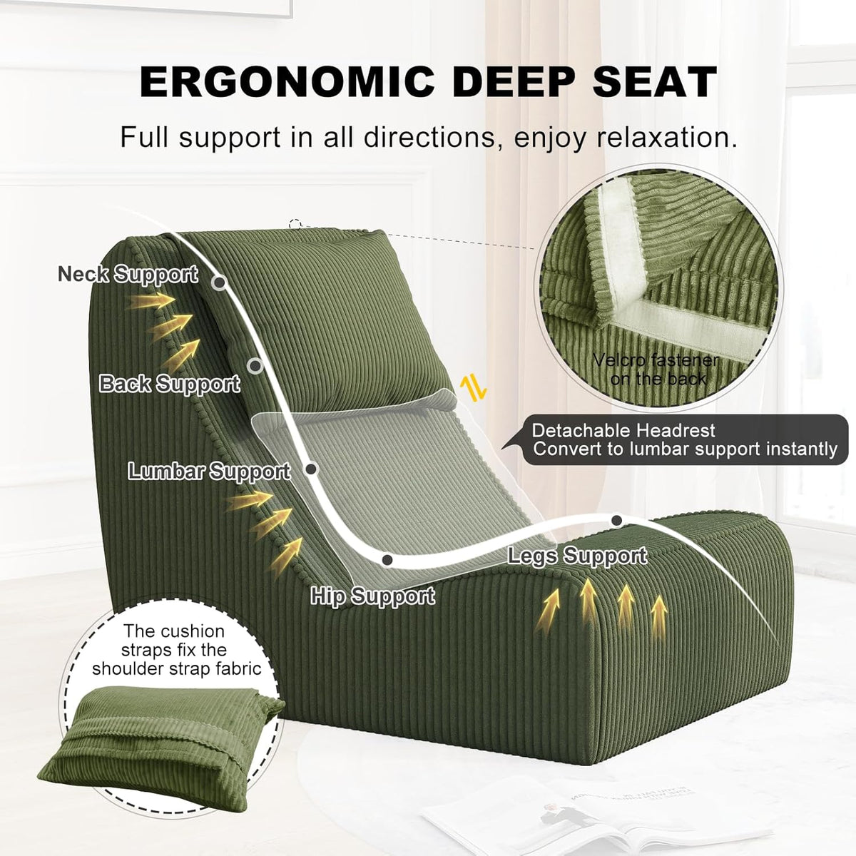 Giant Bean Bag Chair for Adults,Corduroy Chaise Lounge with Unrivaled Back Support, Detachable Neck Pillow, Comfortable Ottoman & Washable Cover for Living Room, Bedroom, Garden (Olive green)