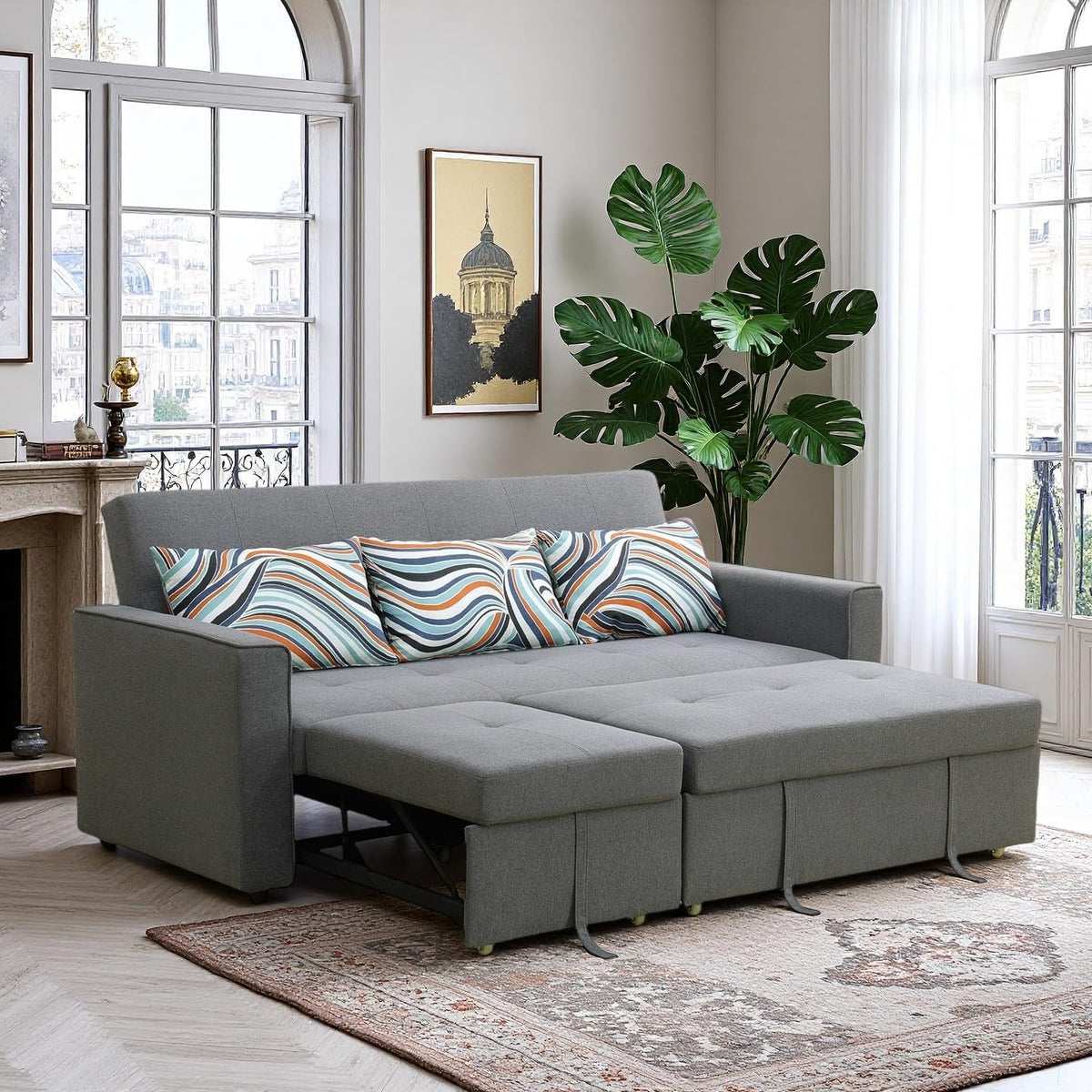 77 Inch Convertible Pull Out Sofa Bed, Sleeper Couch with Fluffy Fabric, 3 Seat Living Room Sofa Set with Adjustable Backrest for Living Room, Bedroom, Apartment, Grey