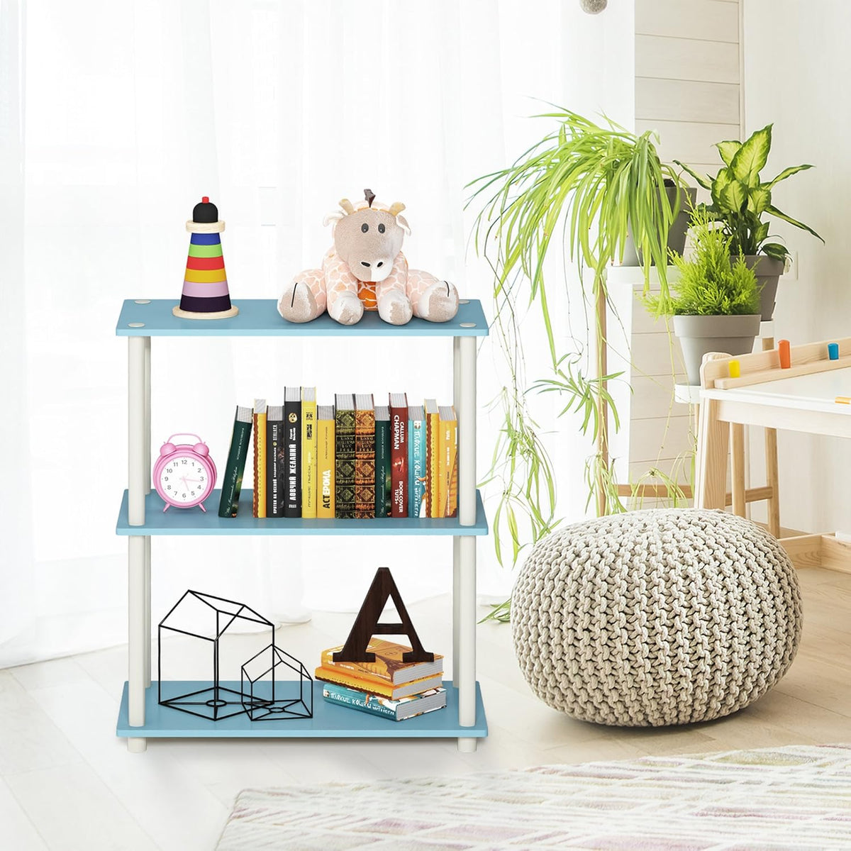 Furinno Turn-N-Tube 3-Tier Compact Multipurpose Shelf Display Rack, Light Blue/White
