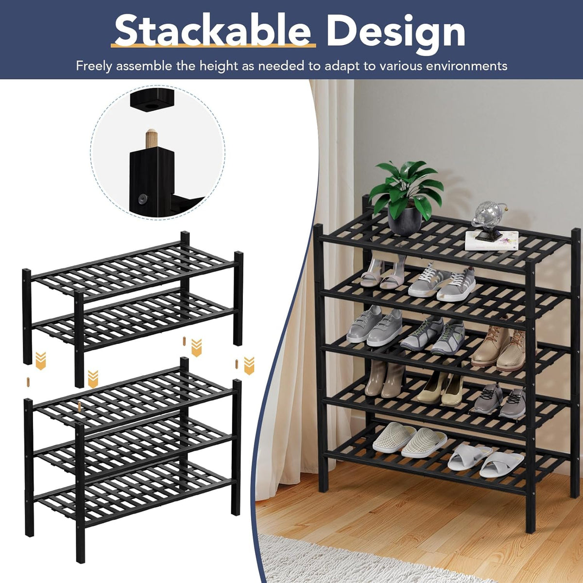 Haddockway 2 Tier Bamboo Shoe Rack Storage Organizer, Multifunctional Free Standing Stackable Shoe Shelf with Grid Panel for Closet,Hallway,Entryway,Small Space 27"x11"x13" (Black, 2 Tier)