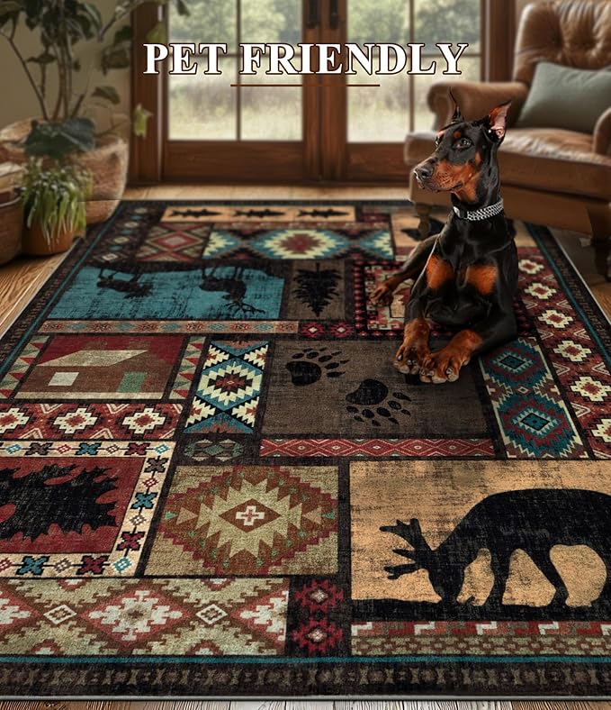 YIHOUSE Rustic Cabin Area Rug 6x9, Machine Washable Lodge Bear Rug, Non-Slip